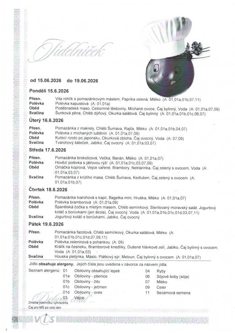Jídelníček  15. 6. - 16. 6. 2026